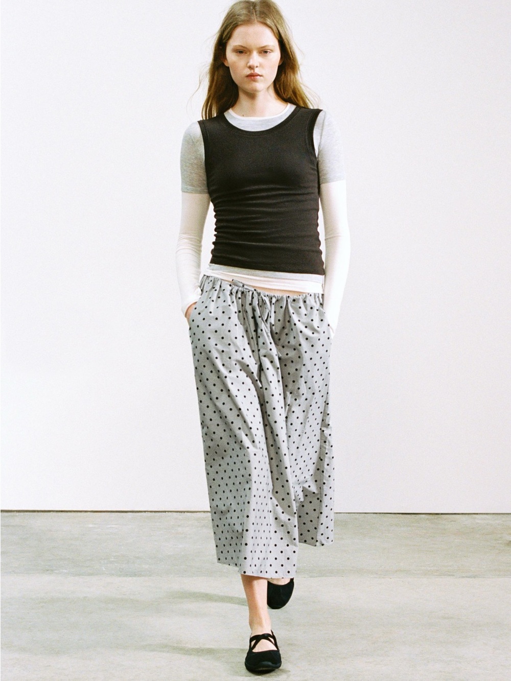 Zara Grey Polka Dot Cotton Drawstring Midi Skirt